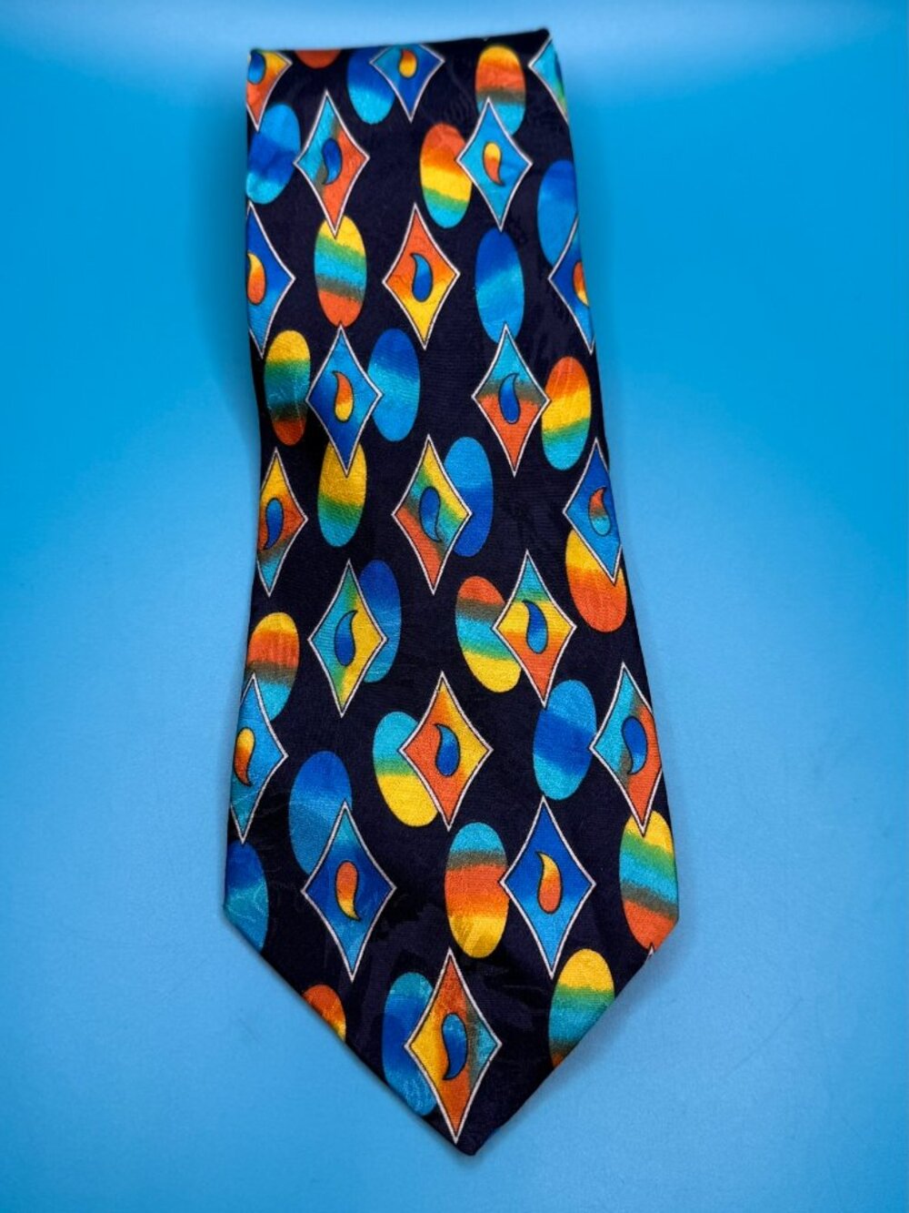 VTG Hill & Archer Abstract Men's 100% Silk Neck Tie Blue Orange Yellow Navy
